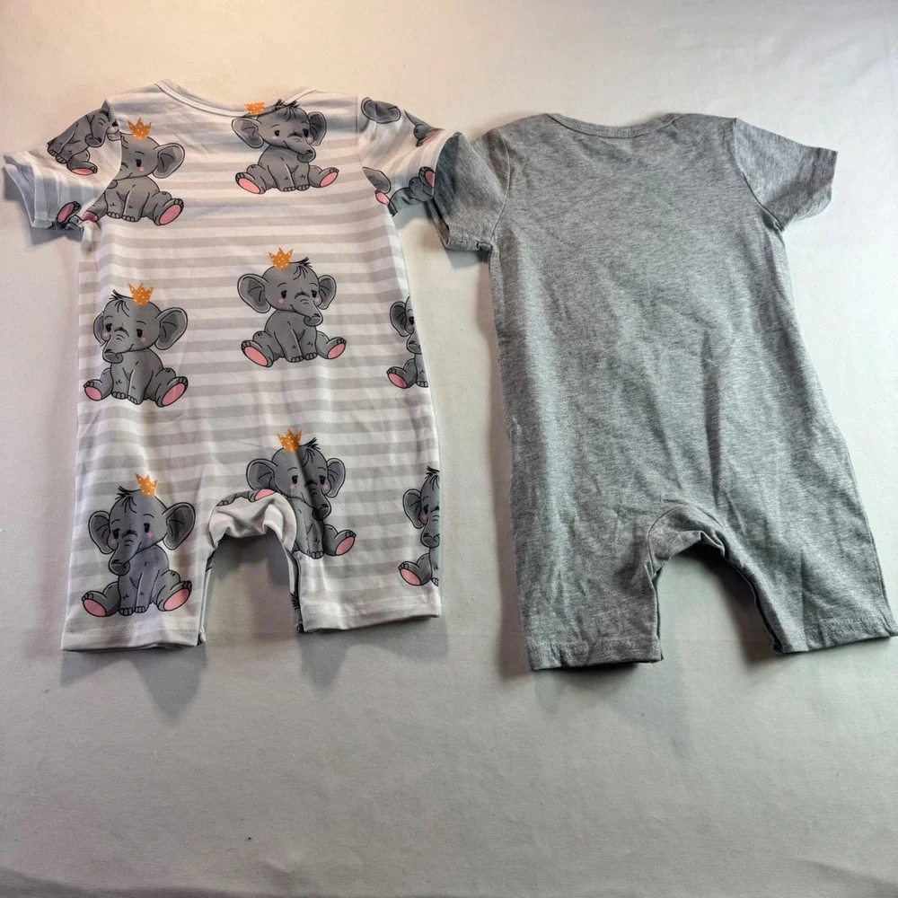 Baby Elephant Romper Set 6-9M 2pc Gray‎ Striped Short Sleeve Snaps Outfit Top XL